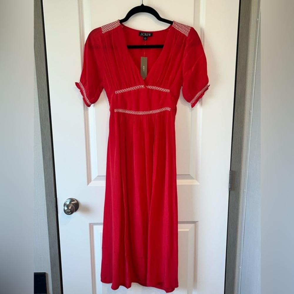 J. Crew Coquette Red Smocked-Trim Midi Dress in Crepe de Chine Size 2P New